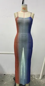 Detail of sheer mesh dress with orange to blue gradient and wavy zigzag texture