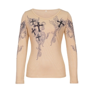 Detail of slim-fit ribbed beige top featuring black gothic wings and cross print