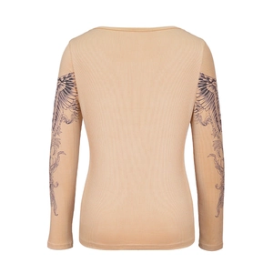 Detail of slim-fit long sleeve top showing ribbed fabric and gray wing print on sleeves