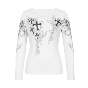 Detail of white ribbed knit V-neck tee featuring a black gothic cross and wing graphic