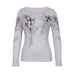 Detail of grey ribbed long sleeve top with gothic cross and wing graphic print