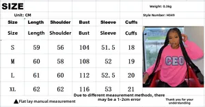 Detailed size chart with measurements for the oversized pink CEO print sweatshirt
