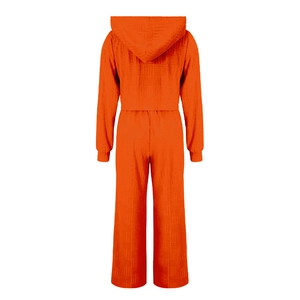 Vue arrière de l'ensemble de survêtement orange texturé avec sweat à capuche et pantalon
