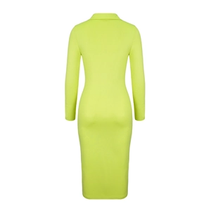 Rear view of sleek neon yellow long-sleeve knit midi dress with a fitted polo collar design