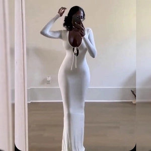 Robe Maxi Sexy en Tricot à Côtes pour Femmes Col en V Profond Manches Longues Couleur Unie Coupe Slim Moulante