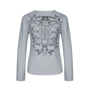 Detail shot of vintage black pattern print on grey waffle long sleeve t-shirt