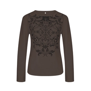 Detail of dark brown waffle knit top showing vintage crest print and S-size neck label