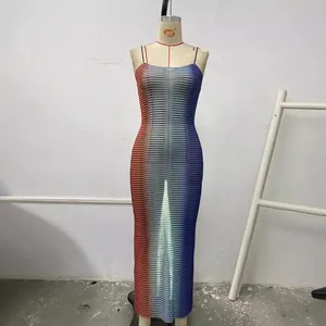 Sexy mesh bodycon dress with orange and blue gradient stripes and slim fit design