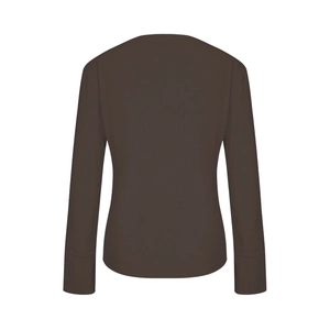 Back view of brown long-sleeved waffle knit shirt with vertical texture and crew neck
