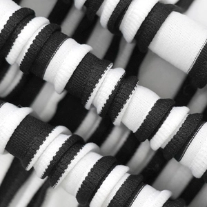 Macro view of black and white striped ribbed knit fabric texture on a two-piece set