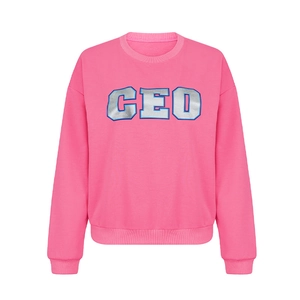 Women's casual loose crewneck sweatshirt in vibrant pink with CEO letter print