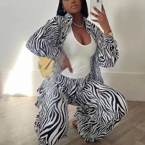 Women's pleated zebra print two-piece set featuring long sleeve shirt and wide leg trousers