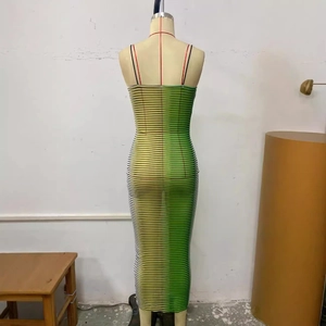 Sexy slim fit backless midi dress with contrast yellow and green horizontal stripes
