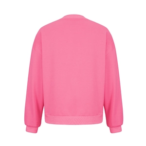 Detailed back view of a pink long-sleeved sweatshirt with ribbed cuffs and hem