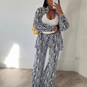 Women Zebra Print Pleated Long Sleeve Shirt And Wide Leg Pants Top And Bottom Fashion Casual Elegant Outfit