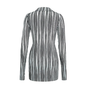 Back view of long sleeve mini dress with vertical black and white stripes and turn-down collar