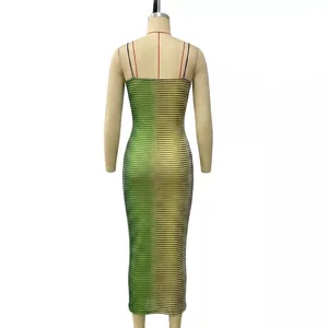 Sexy slim fit bodycon dress with green and yellow gradient stripes and thin spaghetti straps