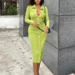 Women Elegant Ruched Knitted Midi Dress Long Sleeve Lapel Collar Single Breasted Slim Fit Solid Color Autumn Fashion Dress