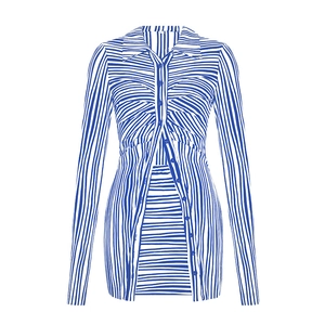 Detail of blue and white striped shirt dress featuring ruched waist and button-down front