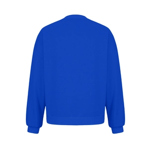 Back view of classic royal blue long sleeve sweatshirt showing ribbed cuffs and hem detail
