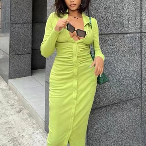 Neon green knitted midi dress with ruched details and a button-down front for women