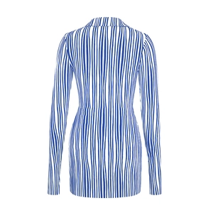 Rear view of long sleeve slim fit dress with blue and white vertical stripes design