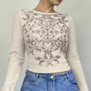 Women's vintage floral waffle knit T-shirt with off-shoulder neckline in beige