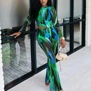 Tenue Femme Imprimé Abstrait Haut Manches Longues Et Pantalon Évasé Taille Haute Outfit Streetwear Fashion Lounge Suit