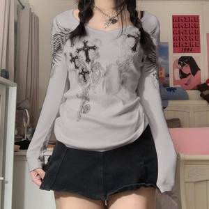 Y2K gothic grey long sleeve t-shirt with black cross print for women lifestyle view