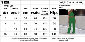 Size guide for sleeveless crop top and high-waist pants set with detailed measurements
