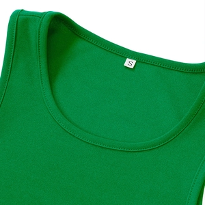 Close-up of the U-neckline and size S label on a vibrant green sleeveless knit top