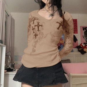 Slim fit khaki long sleeve tee with gothic cross print and rib knit texture