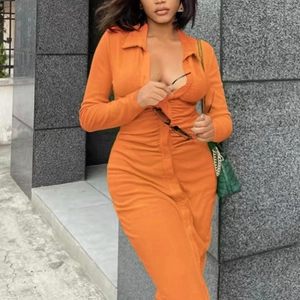 Elegant orange ruched knit midi dress featuring long sleeves and a button-down collar design