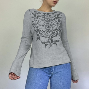 Macro detail of vintage floral print and waffle texture on light grey long sleeve tee
