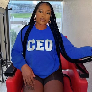 Bright blue round neck sweatshirt with silver CEO letter print in street style