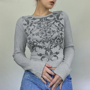 Women Waffle Long Sleeve T-Shirt Vintage Baroque Print Round Neck Pullover Slim Fit Casual Retro Top Elegant Streetwear