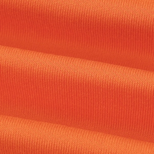 Detaillierte Makroansicht der leuchtend orangefarbenen Strickstoffstruktur mit Rippung