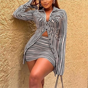 Women's chic two-piece set featuring a striped V-neck cardigan and matching mini skirt