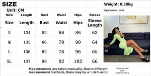 Size chart for the buttoned split long sleeve dress with S to XL measurements in centimeters