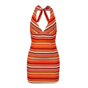 Mini abito sexy con allacciatura al collo a motivi zigzag colorati e profondo scollo a V