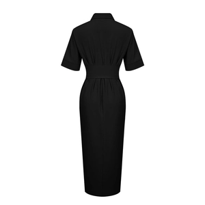 Detailed back view of a black short sleeve midi dress with high waist pleats and polo collar