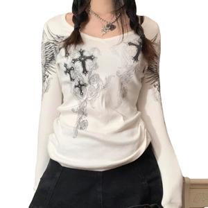 Slim fit white V-neck long sleeve T-shirt with Y2K gothic cross and wing graphic print