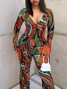 Ensemble Chemise Et Pantalon Pour Femme Imprimé Géométrique Abstrait Col En V Profond Haut À Manches Longues Taille Haute Pantalon Évasé À Jambes Larges Tenues Bohèmes Vintage