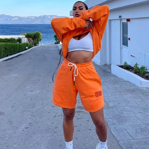 Damen Kapuzenpullover Und Shorts Top And Bottom Bestickt Buchstabe Einfarbig Sportlich Casual Herbst Lounge Set Orange