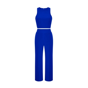 Detail view of Klein blue sleeveless top and high-waist straight pants with vertical stitching