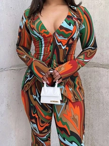 Ensemble deux pièces pour femme avec chemise imprimée col V et pantalon large