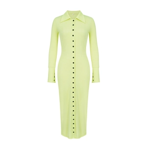 Detail of light green ribbed knit dress featuring front black buttons and split cuffs