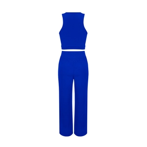 Detailed view of royal blue ribbed fabric texture on a two-piece sleeveless summer set