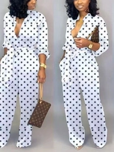Combinaison Femme Imprimé Pois Manches Longues Élégante Col V Boutonnée avec Ceinture Jambe Large Barboteuse Automne Mode Décontractée