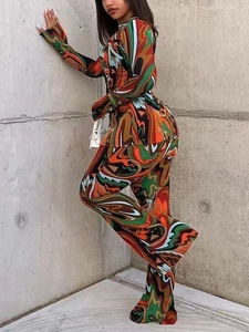 Ensemble 2 pièces pour femmes avec haut à manches longues et pantalon large à imprimé abstrait